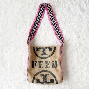 Tory Burch Beige Burlap 'FEED' Crossbody Bag with Pink & Black Strap